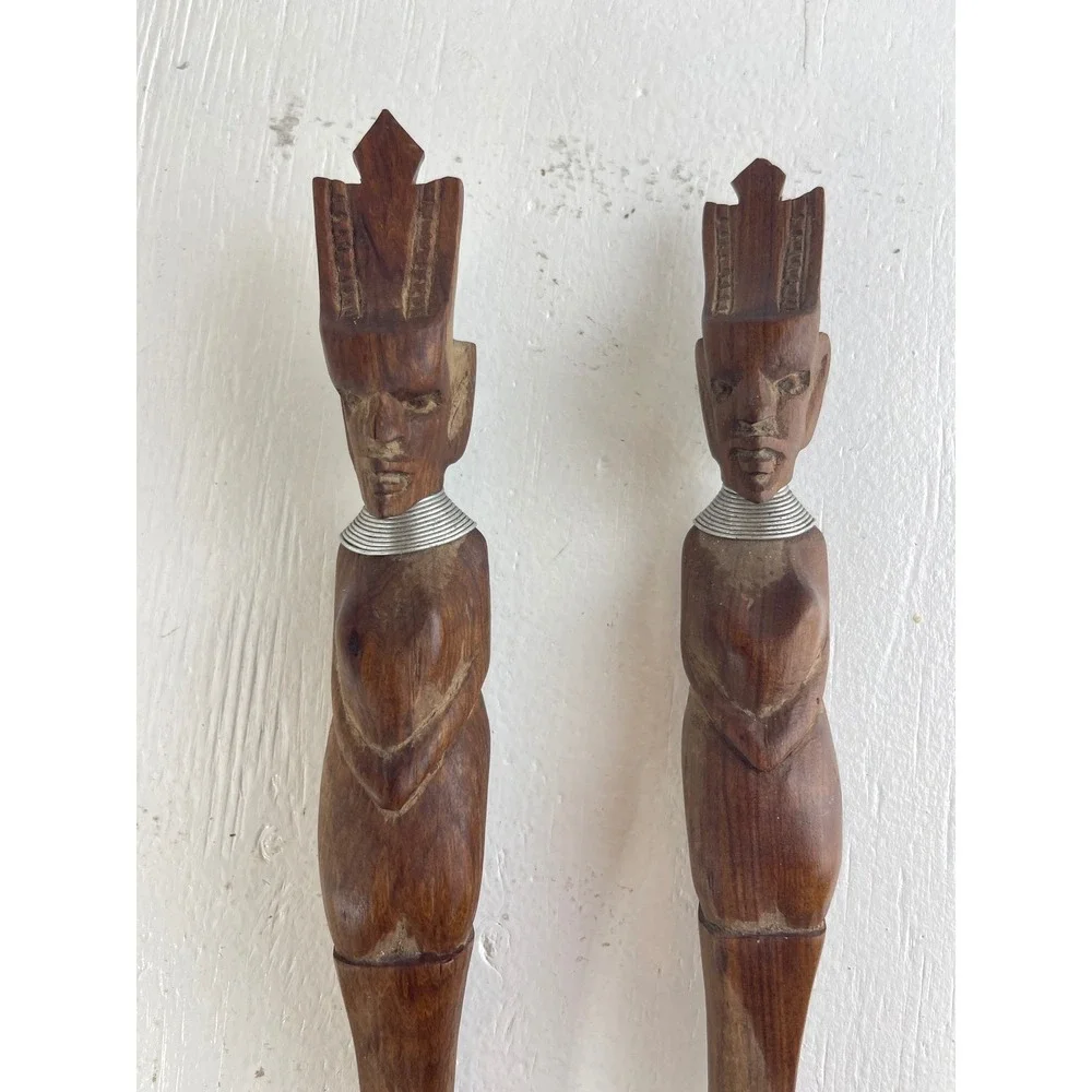 Vintage Hand Carved African Tribal Wood Salad Serving Set Spoon Fork Neck Rings